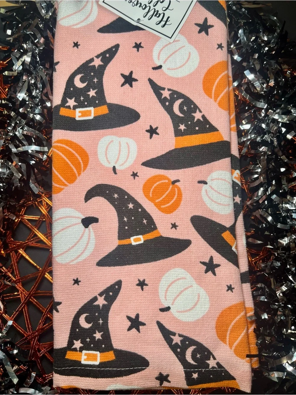 2 Halloween Witch Hats Kitchen Towels Pumpkins Stars Pink Black Orange
